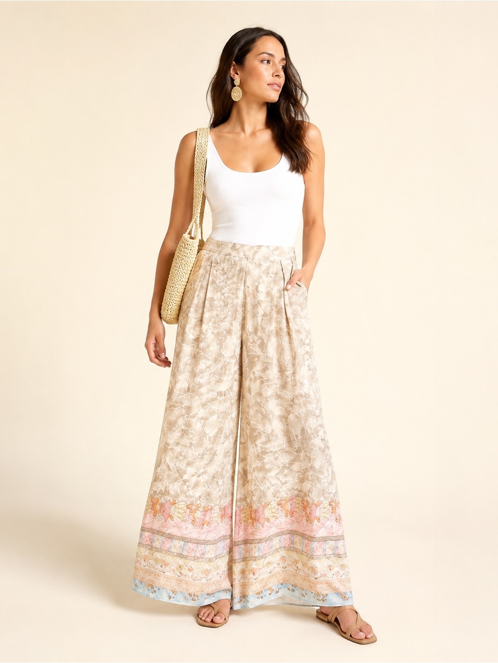 Vintage Artwear Egyptian Palazzo Pants Pastel Trim Rayon Blend Sz 12